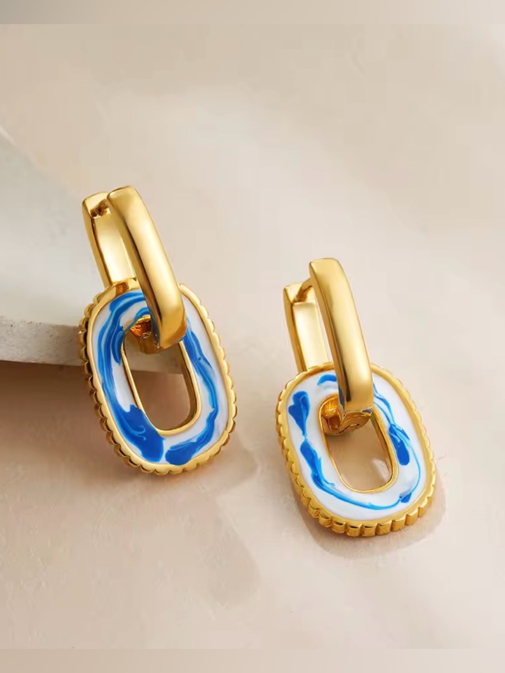 Gold and White Enamel Link Drop Earrings
